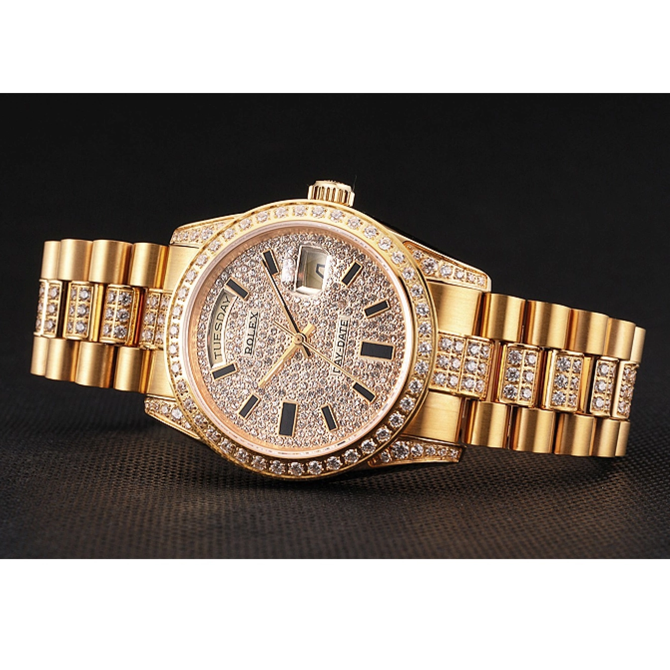 Aaa replica watch Day Yellow Diamond Swiss Gold Date Rolex Pave 0522